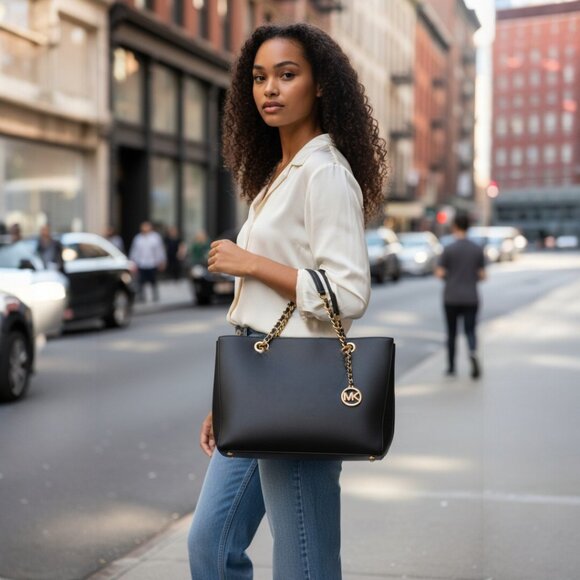 Michael Kors Susannah Black Saffiano Leather Structured Satchel Tote - Picture 2 of 12